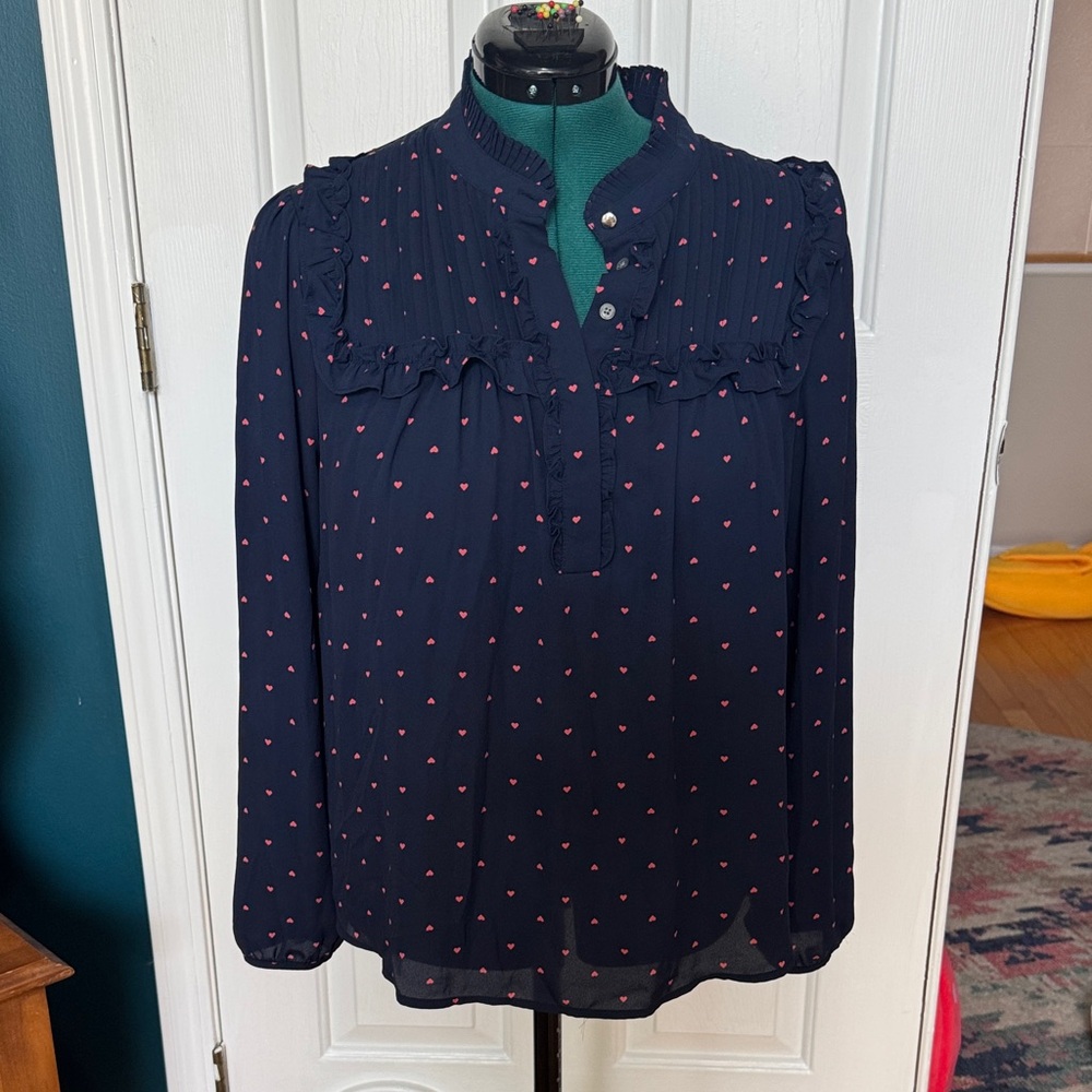 JCrew Navy Blue Ruffle Blouse with pink hearts